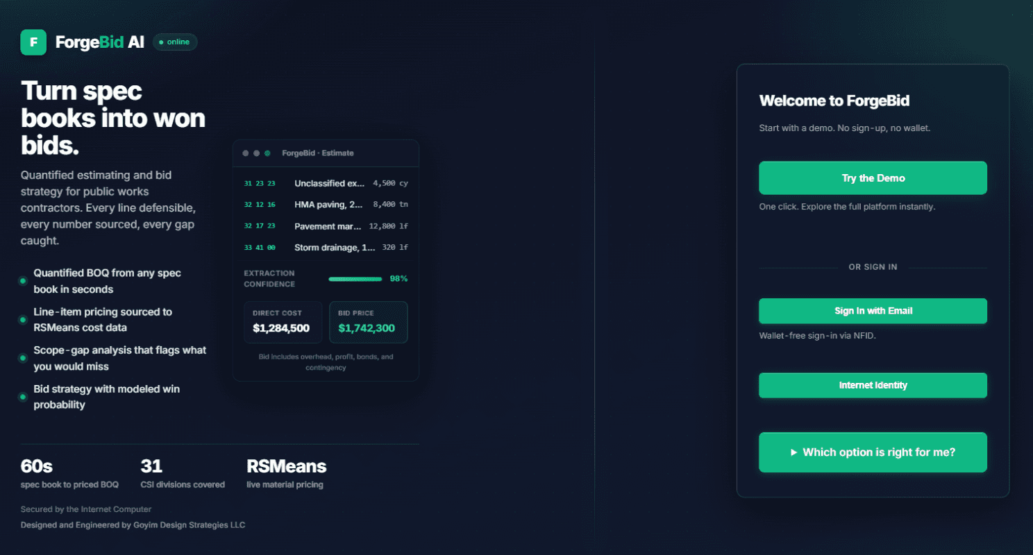 ForgeBid AI landing page hero showing the construction estimating platform with a bill of quantities preview, RSMeans pricing, scope-gap analysis, and bid strategy features