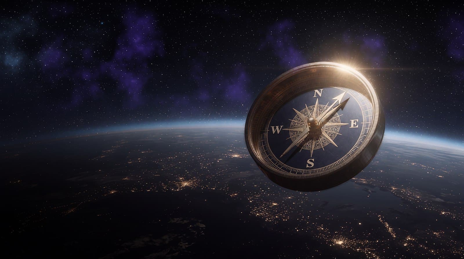 Gold compass in orbit above Earth